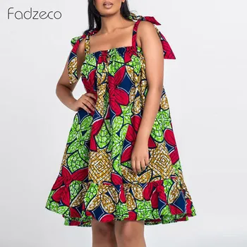 

Fadzeco African Dresses for Women Dashiki Bazin Ankara Slip Dress African Print Sleeveless Ruffle Midi Dress Plus Size