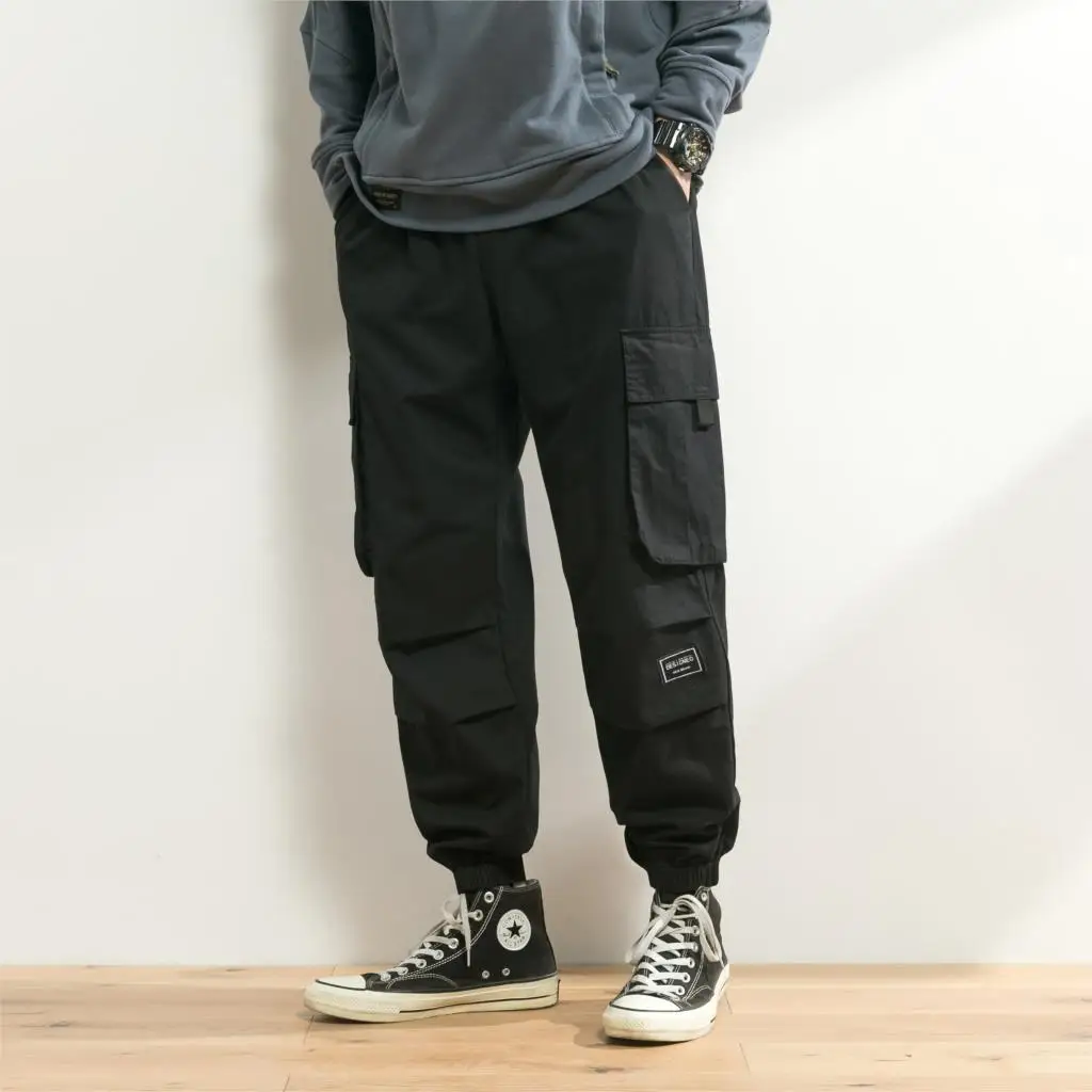 Men's Casual Pants Autumn Solid color High quality Cotton men Trousers Big-pocket Fashion Loose Comfortable Cargo Pants A985 - Цвет: Черный