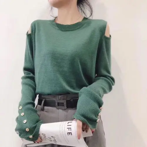 off shoulder Осенняя и зимняя трикотажная рубашка с открытыми плечами и длинным рукавом, пуловер, свободный джемпер, кашемировая рубашка, женский свитер на пуговицах - Цвет: off shoulder