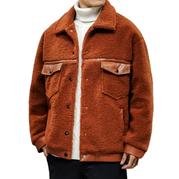 

New Winter Men's Plus-size Lamb Color Matching Leather Thick Coat Coat Men's Cotton Clothing Plus-size Warm and Thick