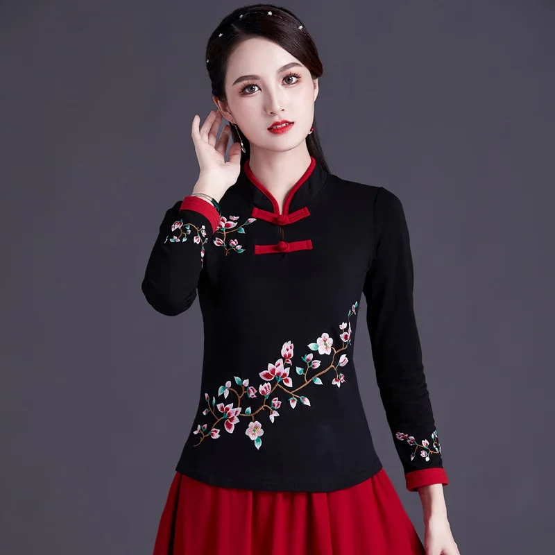 Chinese Style Clothing Women Hanfu Vintage Shirt Ethnic Tunic Patchwork Blouse And Top Women Ladies Chinese Tops V1932 women chinese shirt