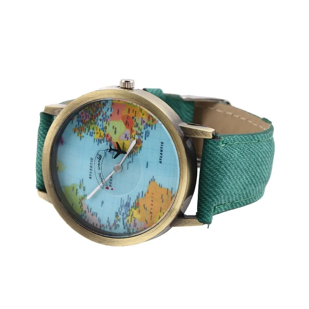 

Women Men Unisex Fashion Vintage Casual World Map watch By Airplane belt Dial Analog Quartz Wrist Watch