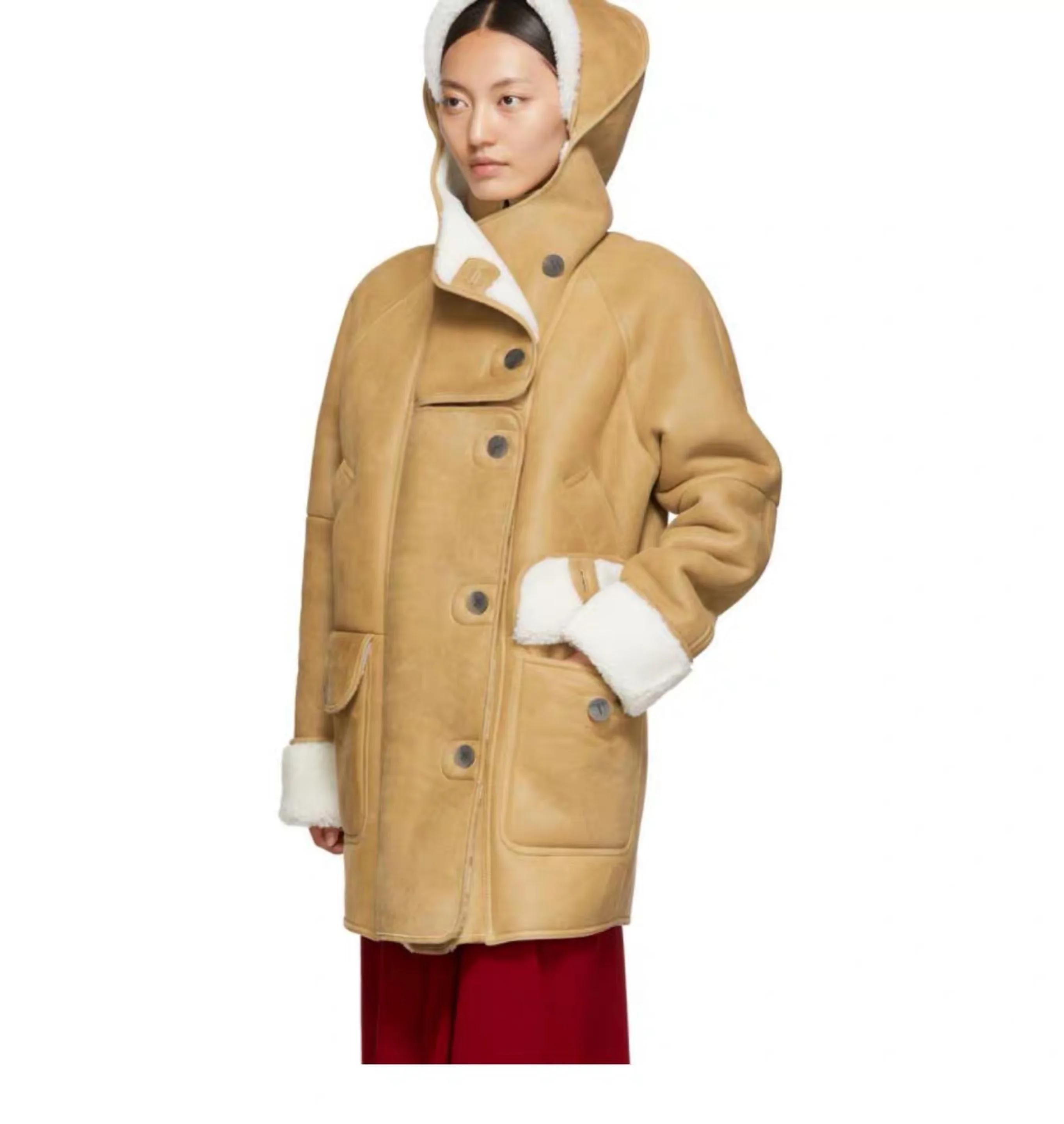 Женская куртка из натуральной кожи размера плюс, пальто из натурального мериносового овечьего меха, женское длинное пальто с капюшоном, модное женское пальто