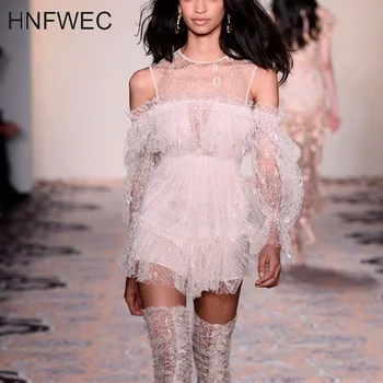 

2020 Summer New Long Mesh Lace Flare Sleeve O Neck Strapless Transparent Playsuits Women High Waist Romper Streetwear T319