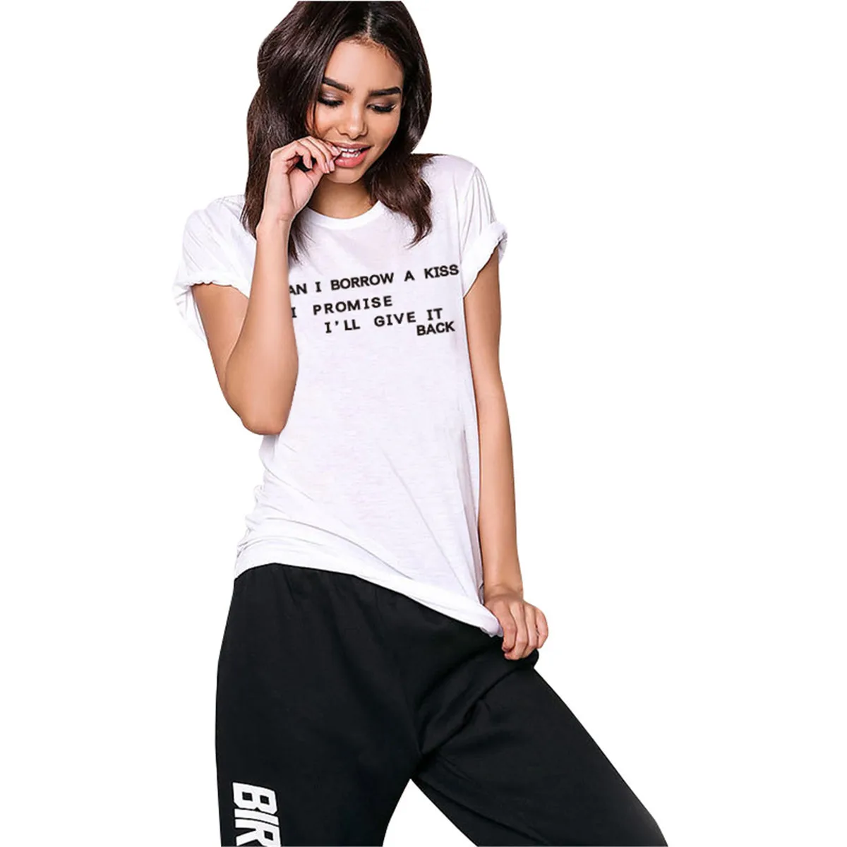 

Short Sleeve O-Neck Tshirt Tops T Shirt Ukraine Letter Print Can I Borrow A Kiss Women Tees Russian Black White Fashion T-shirt
