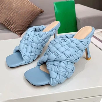 

Summer cross Braided Slippers women spaure toe thin high heels handwork weave sandals party dress shoes runway desgin slides