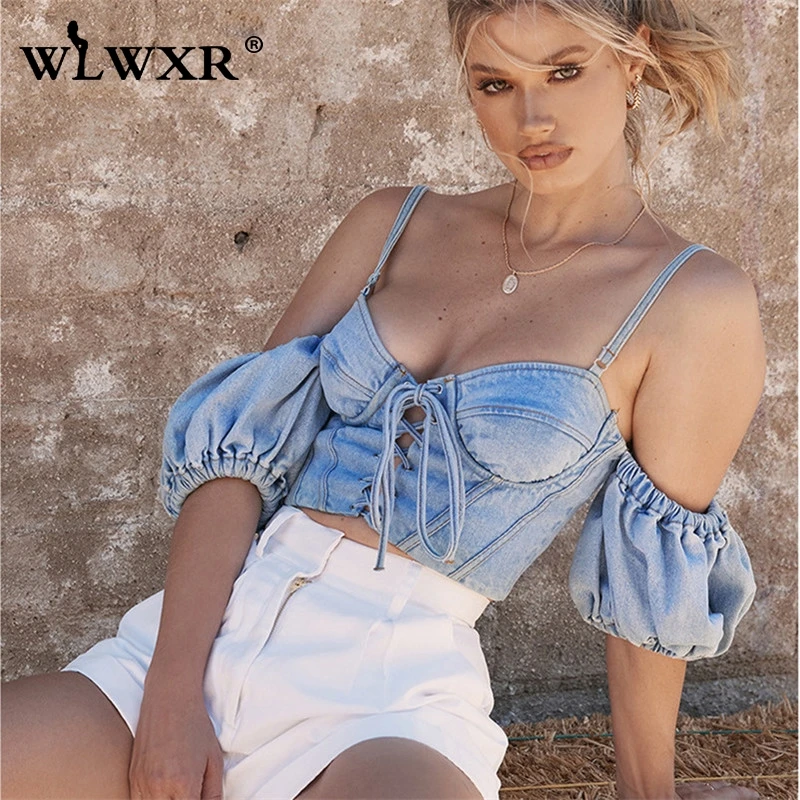 Синий WLWXR на шнуровке, джинсовый сексуальный облегающий укороченный Топ для женщин, майка бюстье, джинсы, Дамский топ на бретелях, женский укороченный бандажный топ с открытой спиной, летние топы - Цвет: Синий