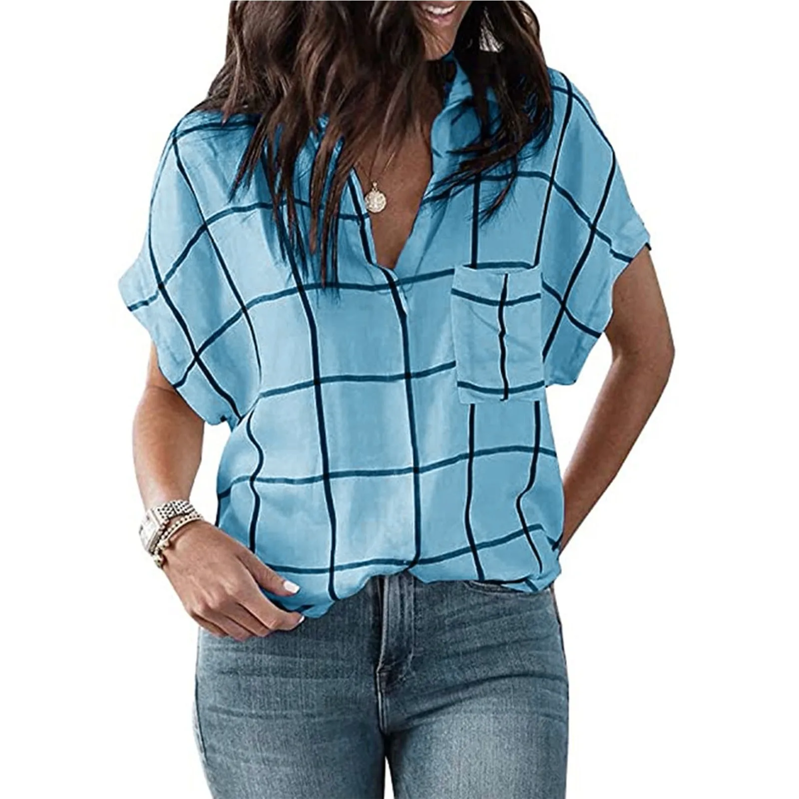 Women T Shirts Plaid Print Pocket Deep V Lapel Female Clothing Short Sleeve Tops Loose Casual Office Top Ladies Shirts Mujer 1