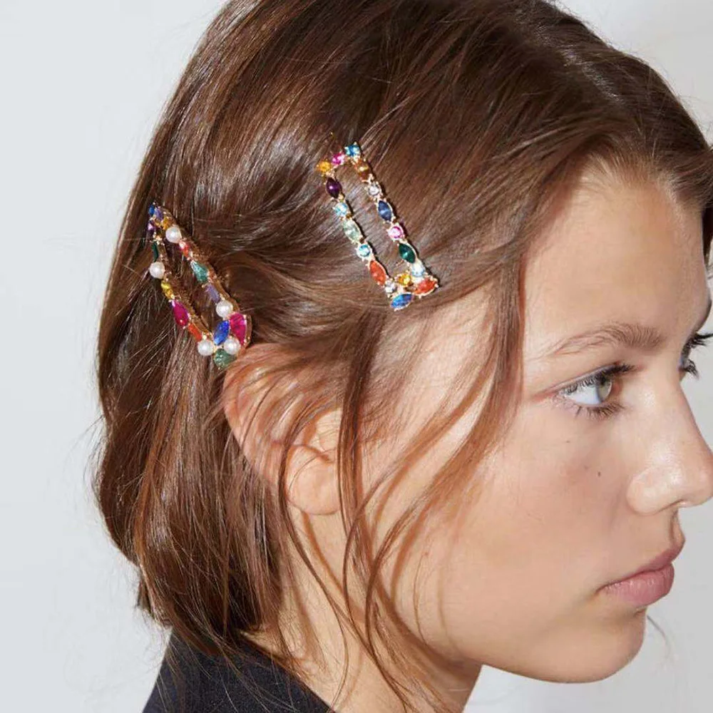 GEREIT Fashion Korea Shiny Crystal Hairpins Women Geometric Waterdrop Colorful Rhinestones Hair Clips For Girls Accessories | Украшения и