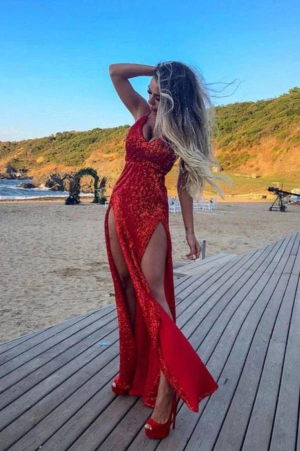 LORIE/красные вечерние платья с блестками Формальные Простые пикантные открытой
