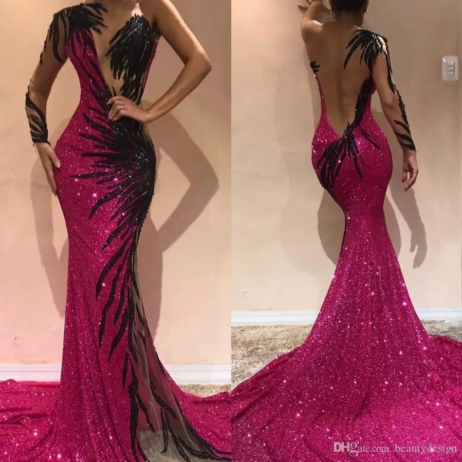 

Plus Size Gorgeous Fuchsia Mermaid Evening Dresses Sequined One Shoulder Evening Prom Gowns Arabic Pageant Celebrity Dress