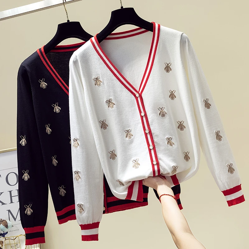 

Fashion Designer Bees Embroidery Cardigan 2019 Autumn Women Knitted Sweater Coat V-Neck Single Breasted Outwear Female Cardigans