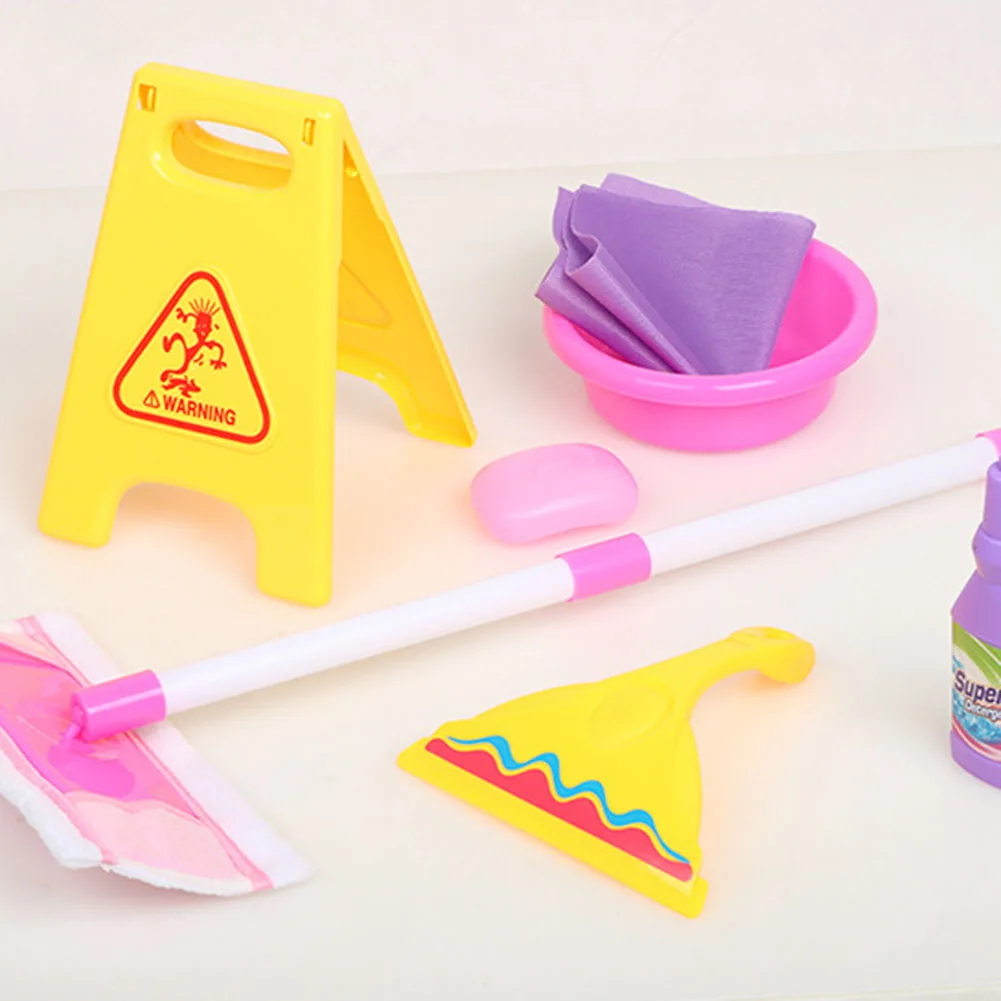 9Pcs/Set Mini Cleaning Tools Mop Caution Sign Bucket Kit Kids Pretend Play Toy Intelligence Developmental Toys Gift For Children