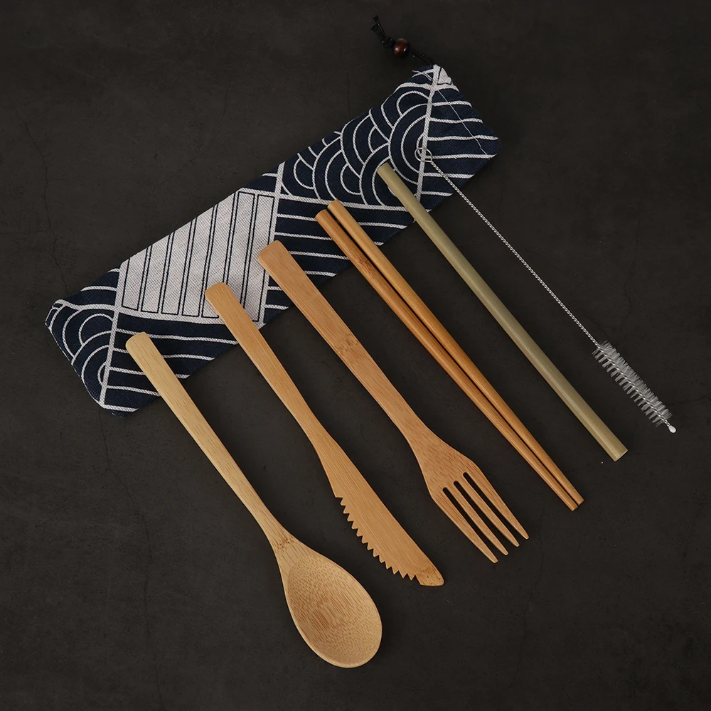 1 Набор портативной японской деревянной посуды, набор столовых приборов из бамбука, набор столовых приборов из соломы с тканевой сумкой, кухонные инструменты для приготовления пищи