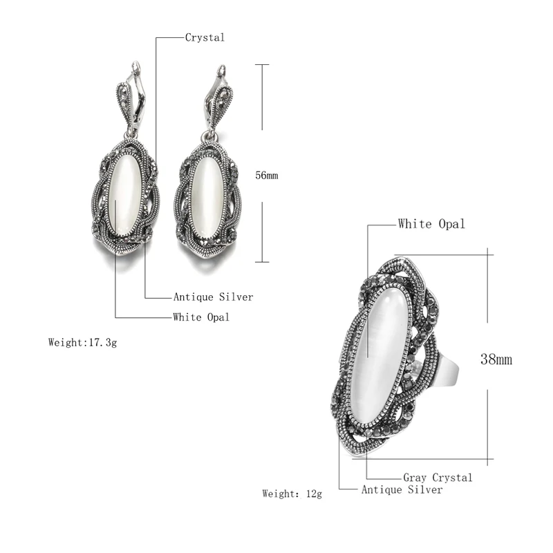 Women Earring Ring Sets Boho Yellow Stone Tibetan Silver AAA Gray Crystal Big Oval Vintage Jewelry earring ring sets
