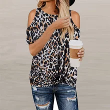

Fashion Leopard Print Kink Short Sleeve T-Shirt Women 2022 Summer Tops Loose Casual Sexy Hollow Out Off Shoulder Female T Shirts