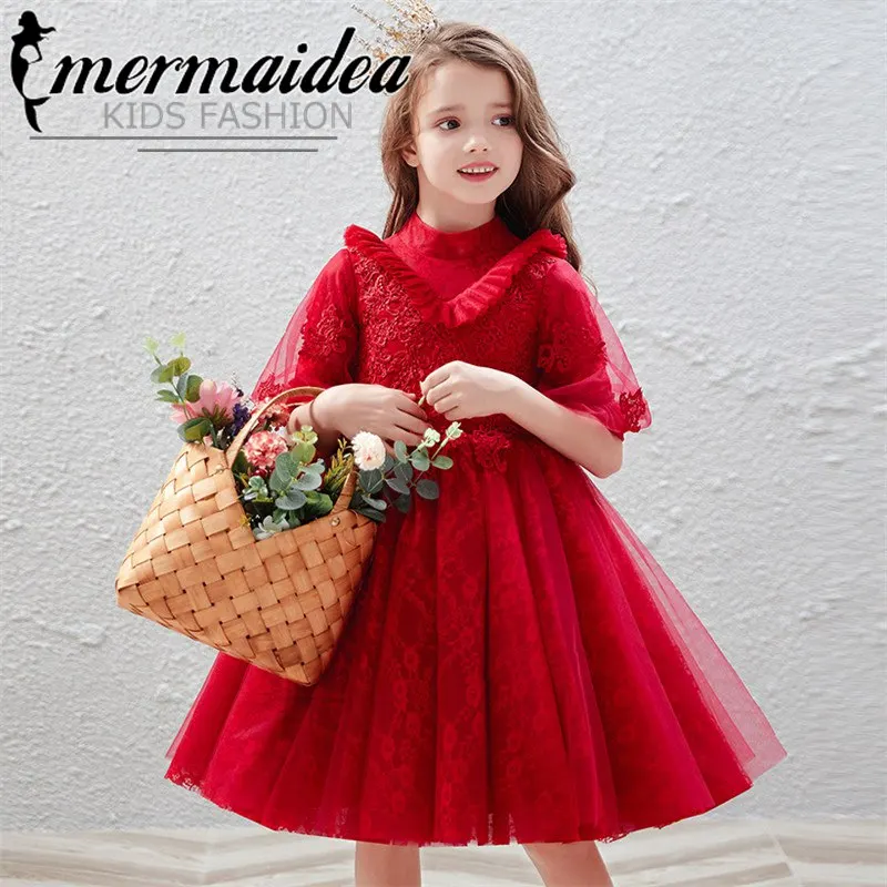 wine-red short dress Корейское милое детское роскошное кружевное платье принцессы на день рождения, свадьбу, вечеринку Детские костюмы-пачки, подарок на выпускной вечер - Цвет: wine-red short dress