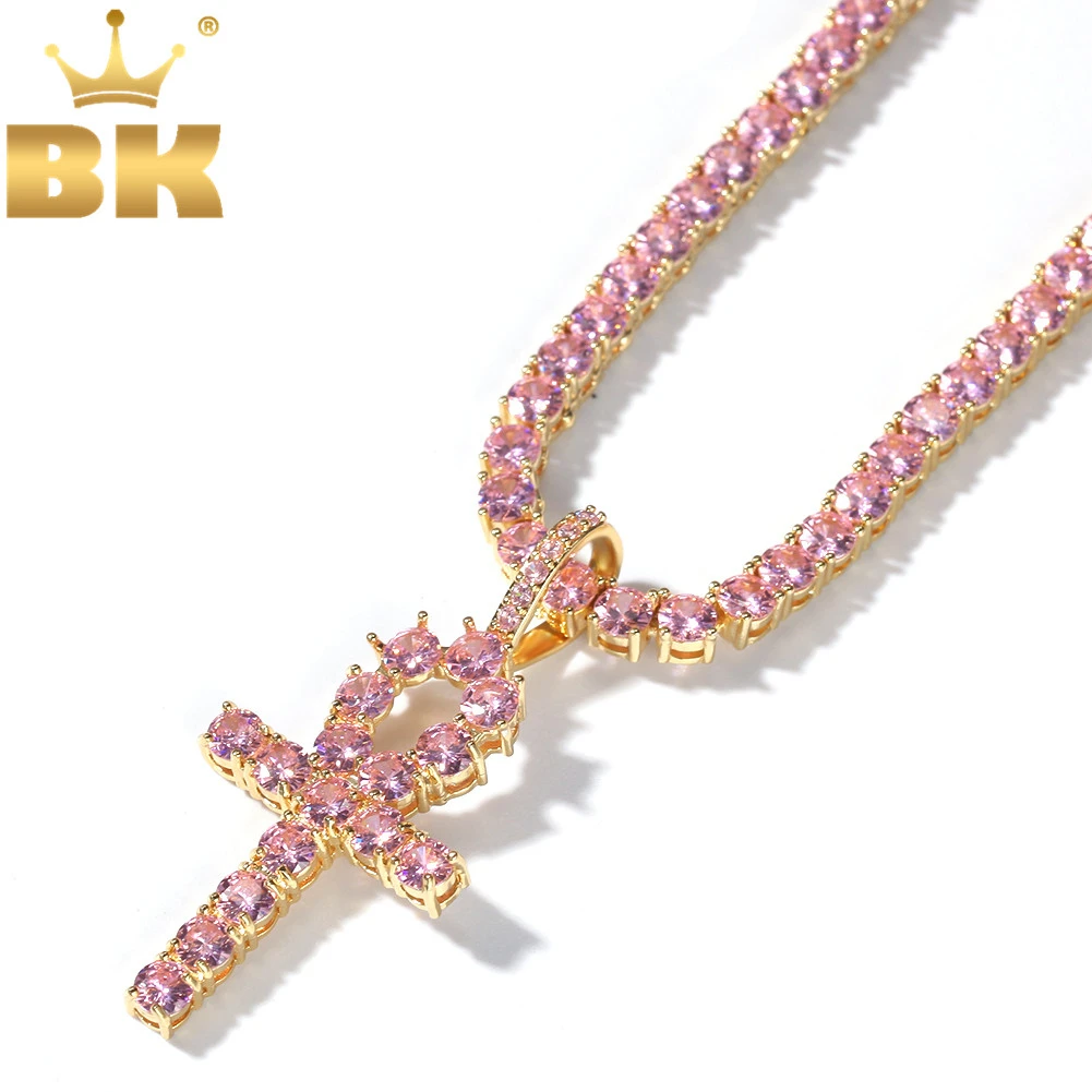 

THE BLING KING 4mm Pink Ankh Cross Pendant Iced Cubic Zirconia Tennis Chains Gold Silver Color Necklace Fashion Hiphop Jewelry