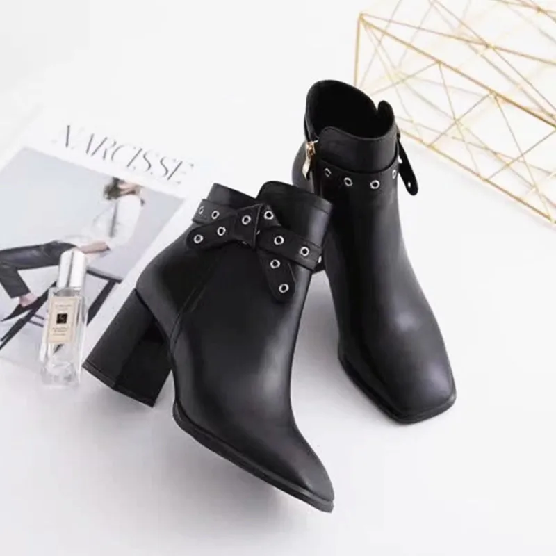 

Boots Women Ladies Shoes Square Toe Botas Mujer Thick Heels Winter Leather Boots Side Zipper Solid Zapatos De Mujer
