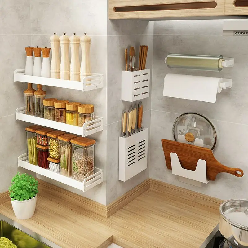 Estante colgante de pared de lujo para cocina, estante de almacenamiento simple y ligero, de acero inoxidable, color blanco