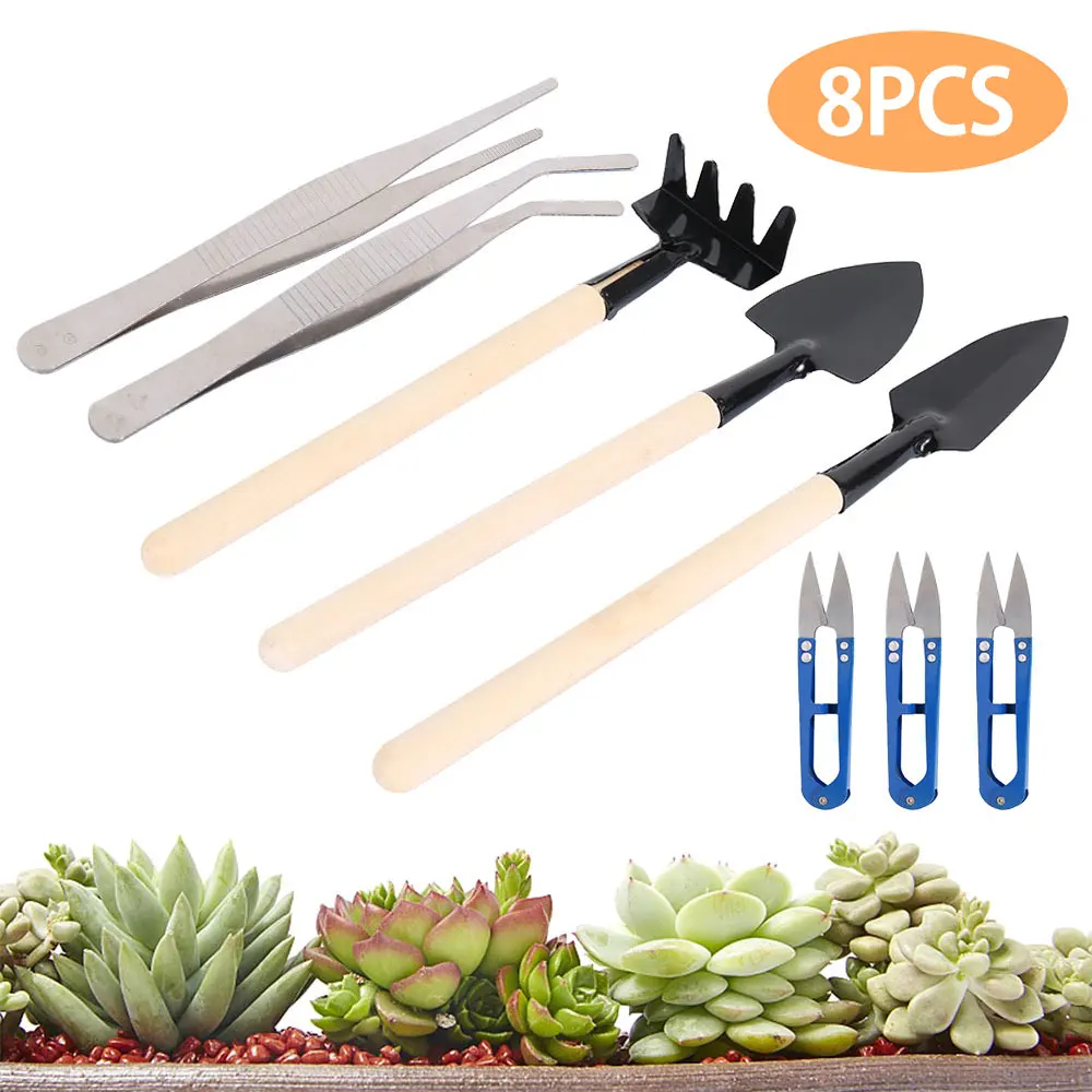

8Pcs/Set Garden Tools Mini Succulent Planting Bonsai Tool Wood Handle Potted Plants Shovel Rake Spade Leaf Trimmers Tweezers