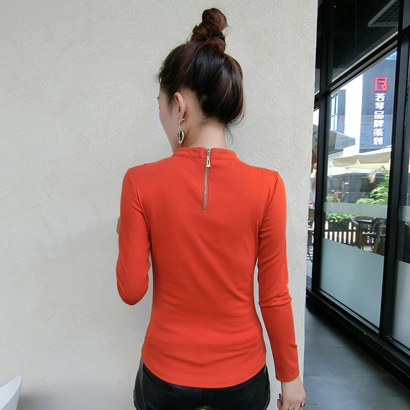 Fashion With Necklace Korean Tshirt Autumn Winter Women Long Sleeve Sexy Hollow Out Top Slim Shirt Camiseta Mujer T90206