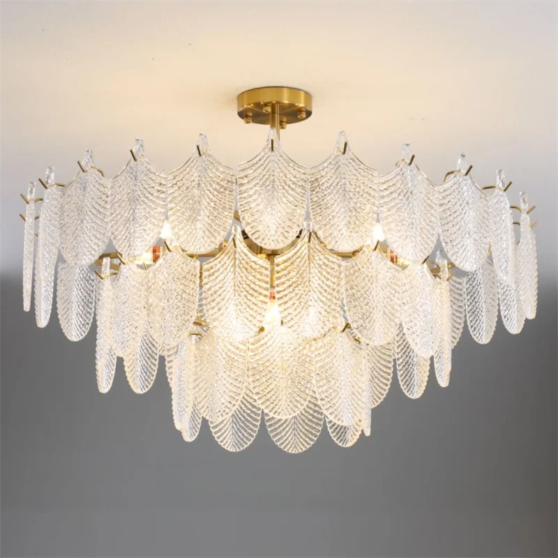 

New luxury dining room glass leaf chandelier minimalist living room large chandeliers American retro French bedroom glass lamps