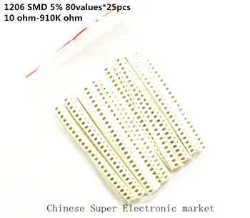 

1206 5% SMD Resistor Kit 10Ohm~910KOhm 80valuesX25pcs=2000pcs 1/4W Chip Resistor Assorted Samples kit
