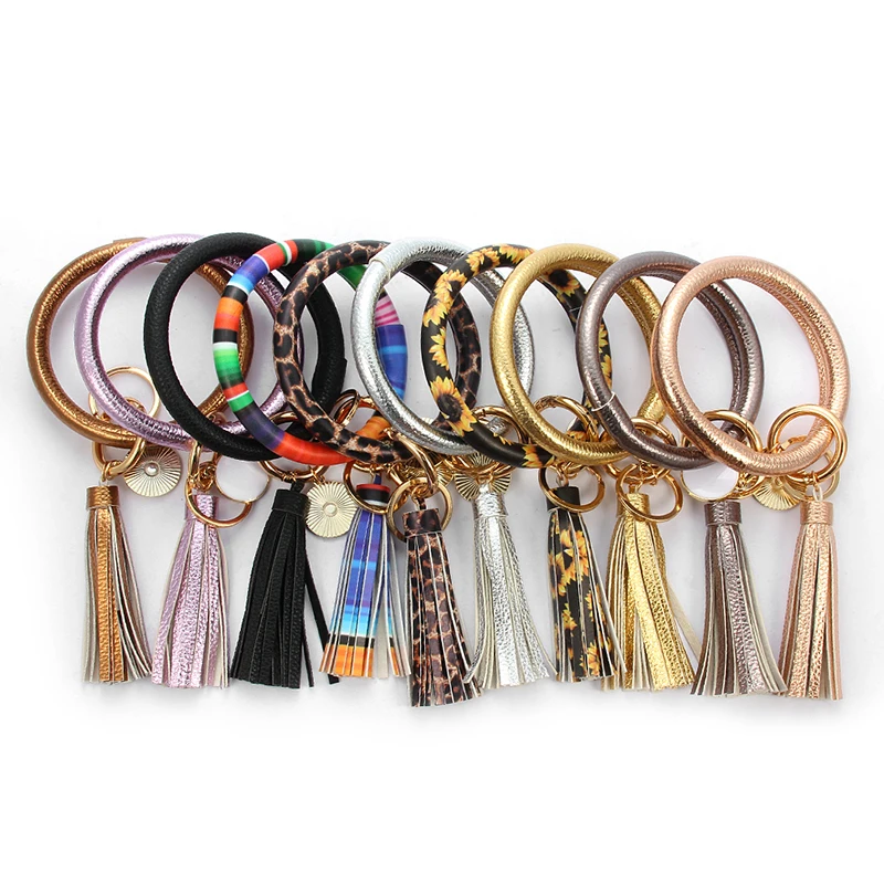 

New Multicolors PU Leather O Key Chain Custom Circle Tassel Wristlet Keychains Women Girl Key Ring Wrist Strap
