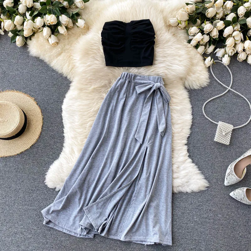 SINGREINY Women Summer Korean Streetwear Set Sexy Sleeveless Strapless Short Top+High Waist Split Long Skirt Two Piece Suit 2021 |
