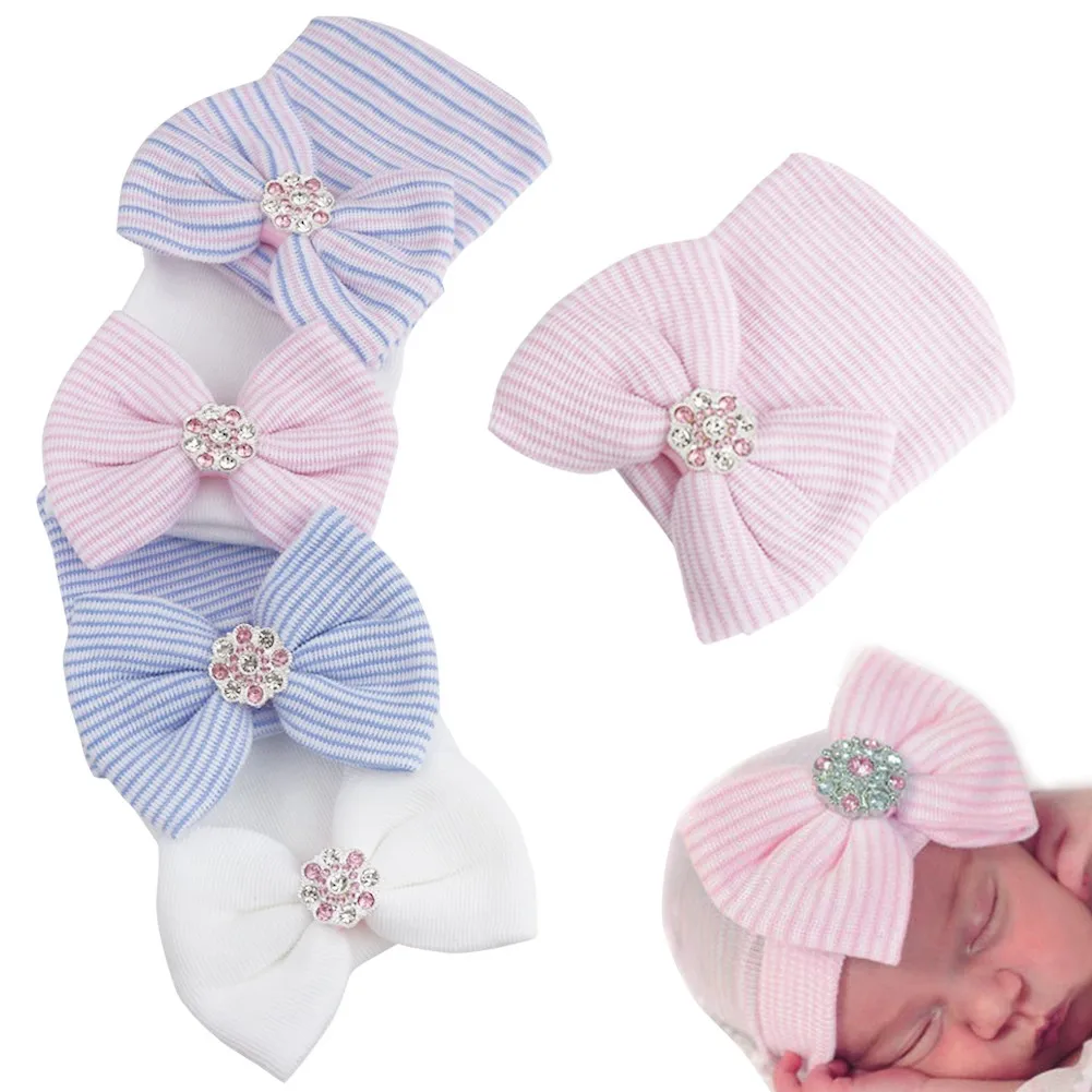 

2021 Cotton Baby Hat Newborn Infant Baby Cap Cotton Soft Beanie Top Bow Knot Winter Cap Newborn Photography Props Baby Turban