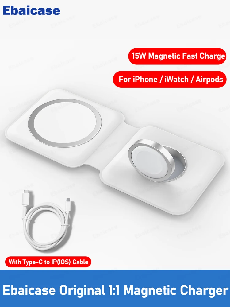 Ebaicase Original Magnetic Wireless Duo Charger For iPhone 12 Pro Max Mini 15W Qi 1:1 Charger For Duo Charger For AirPods iWatch