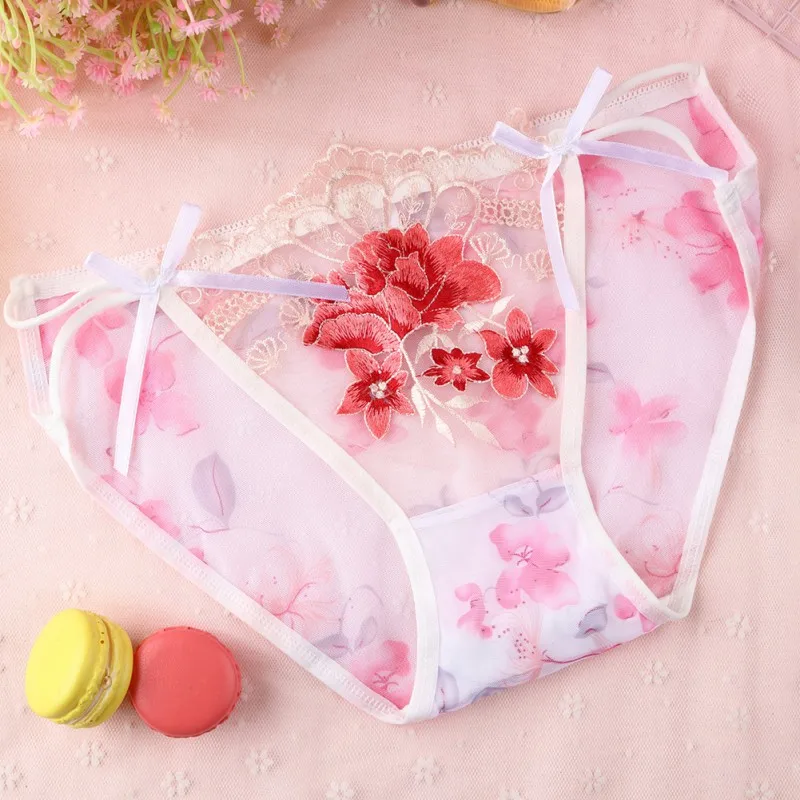 

Women Flower Embroidered Lace Briefs =Low Waist Underwear Lingeries Women Sexy Mesh Hollow Panties