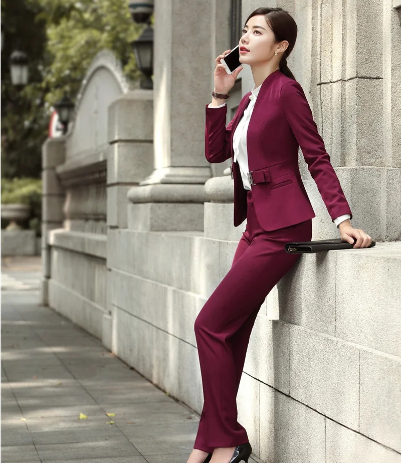 Uniformes formales de vino para mujer, trajes profesionales con chaquetas y  pantalones, ropa de trabajo de oficina, conjuntos de Blazers, moda -  AliExpress