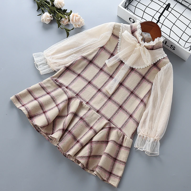 Платье высокого качества для девочек от 3 до 7 лет коллекция года, осенняя Новая модная повседневная одежда в клетку с бантом и длинными рукавами, ребенок дети девочка платье принцессы