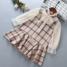 Платье высокого качества для девочек от 3 до 7 лет коллекция года, осенняя Новая модная повседневная одежда в клетку с бантом и длинными рукавами, ребенок дети девочка платье принцессы