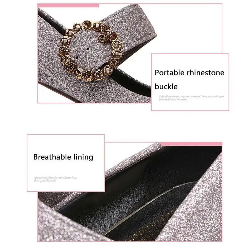 Spring And Autumn New Fashion Buckle Thick With Pointed Single Shoes Wild Sequined High Heels Thick-soled High-heeled Shoes