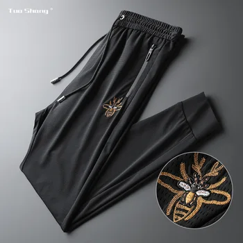 

2020 Spring Embroidery Jogger Pants Men Thin Drawstring Sports Pants Fashion Designer Joggers Ribbon Personality Casual Trousers
