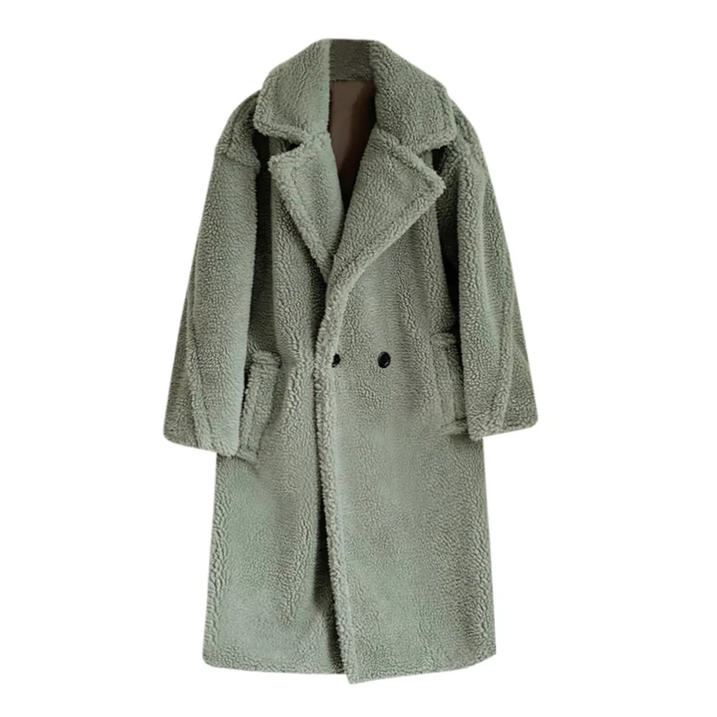 Страуса зимнее шерстяное пальто для женщин элегантный двубортный отложной воротник дикая шерсть смесь длинная куртка N06 - Цвет: Зеленый