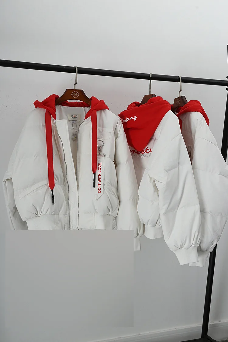 6p109 White Short down Jacket CHIC Girly Style College by Age Mock Two-Piece Contrast Color Hooded down Coat