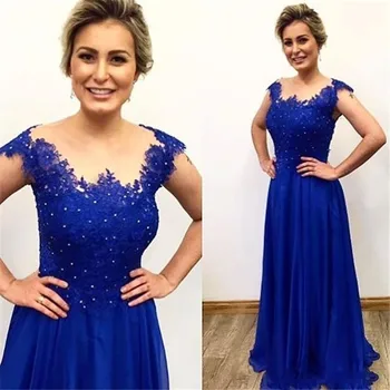 

Vintage Chiffon A Line Royal Blue Mother of the Bride Dresses Cap Sleeve Beaded Lace Floor Length Wedding
