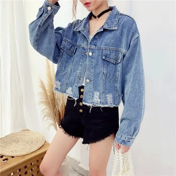 

Tassel Cropped Denim Jacket Women Ripped Boyfriend Jeans Jacket Coat Autumn Winter Harajuku Oversized Outerwear Long Sleeve V902