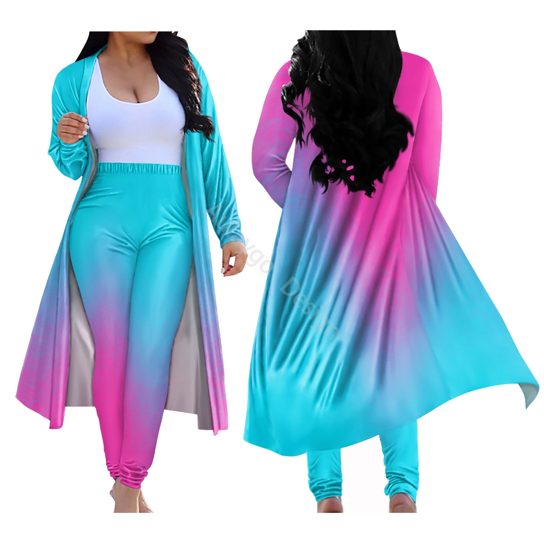 

Custom Outfits Women Two Pieces Sets Gradient Rainbow Print Long Cape And Elastic Sport Pants Set For Yoga Clothes Pantalon