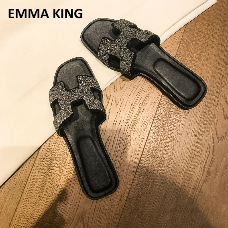 H black with grey EMMA KING/женские летние тапочки ручной работы на плоской подошве; брендовые дизайнерские модные роскошные туфли на высоком каблуке; женские лоферы без застежки - Цвет: H black with grey