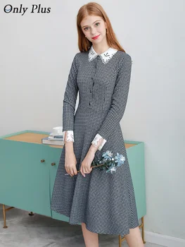 

Only Plus Long Sleeve Stripe Plaid Cotton Dress Spring Lace Office Lady Elegant Knee Dresses Women A-Line Button Work Vestidos