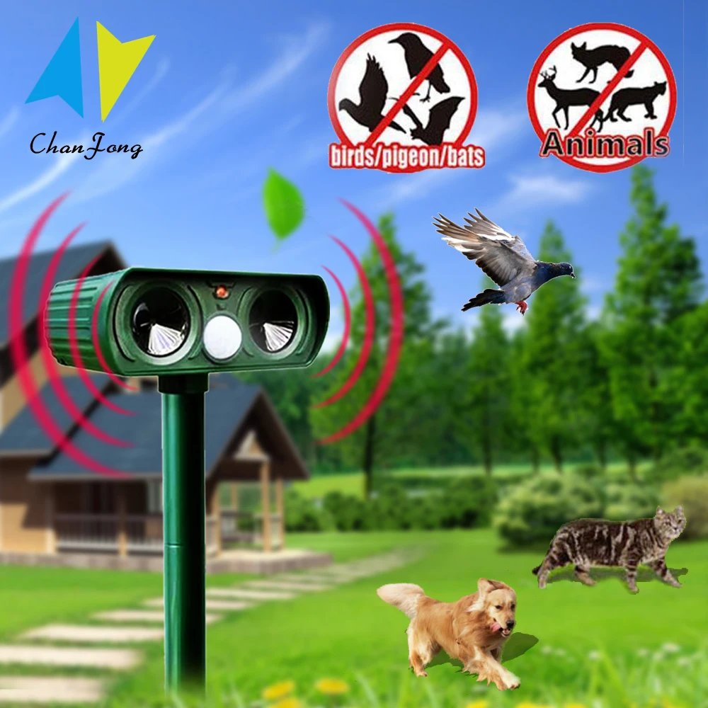 

ChanFong Outdoor Ultrasonic Repellent Solar Powered Garden Pest Bird Cat Dog Mouse Rat Repeller PIR Sensor Keep Animals Away
