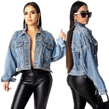 

2020 Autumn New Korean Version Studded Short Loose Denim Jacket High Street Single Button Diamond Denim Jacket Female