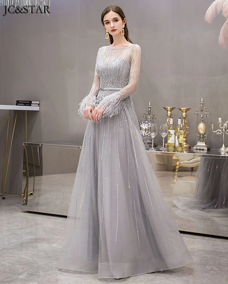 new tulle crystal feather long sleeve A Line silver grey Champagne gold bridesmaid dresses vestidos de fiesta de noche