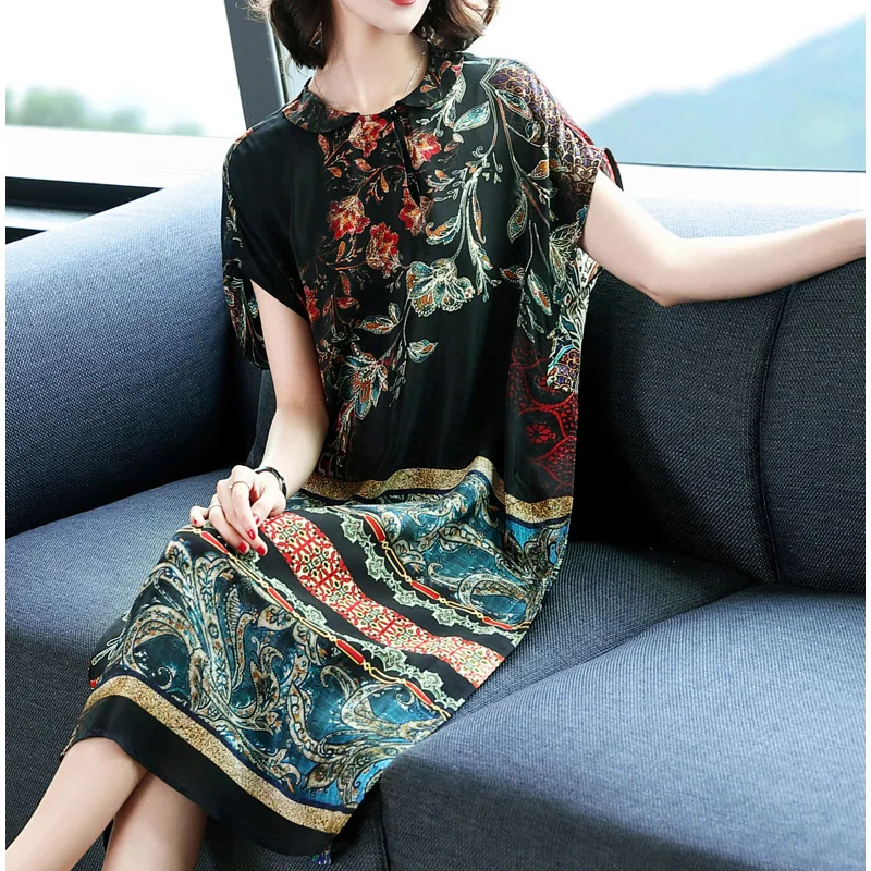 

2019 Spring New Products WOMEN'S Dress Mid-length Fashion Elegant Retro Floral Peter Pan Collar Imitated Silk Fabric Dress