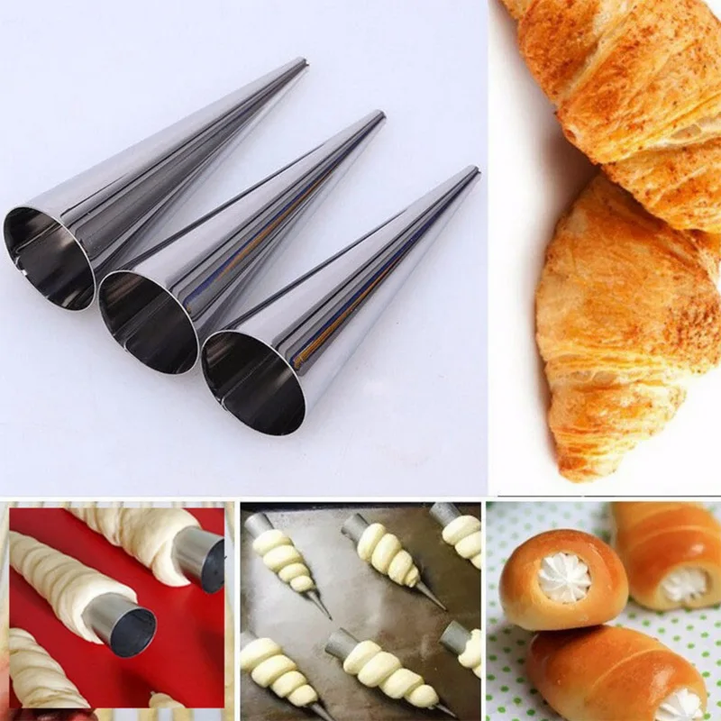 1Pc DIY Baking Cones Stainless Steel Spiral Baked Croissants Pastry Cake Mold 